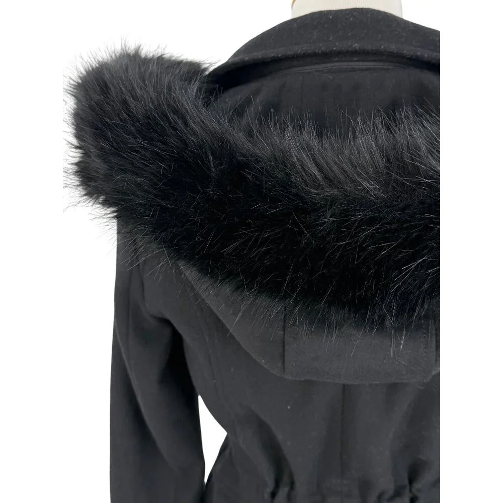 Laundry By Shelli Segal Black Wool Faux Fur Trim Hooded Coat | Cozy Quiet Luxury - Picture 13 of 16